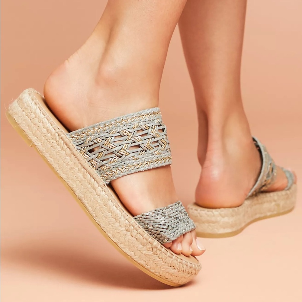 ANTHROPOLOGIE Freya Espadrille Slide Sandals - Blue / Gold Woven Leather - Sz 7